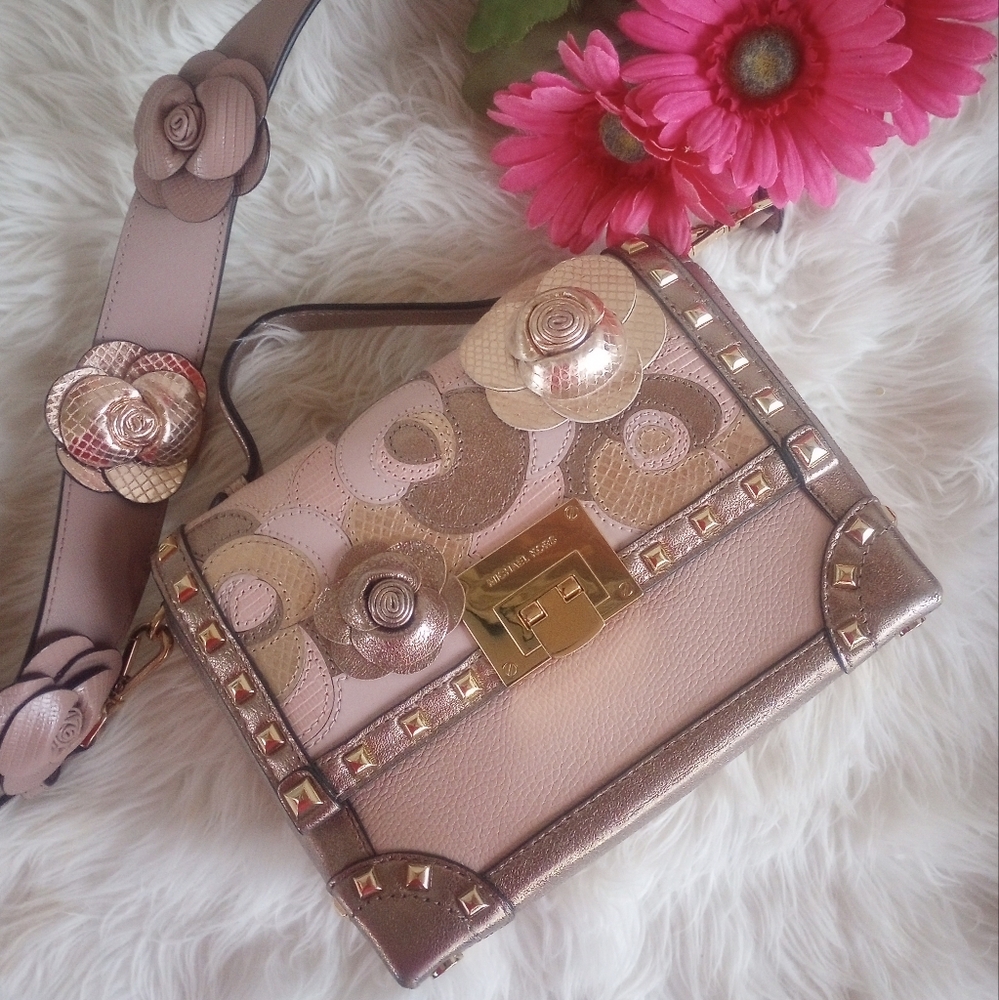 Michael Kors Pink & Metallic Rose Gold Floral Appliqué Studded Tina Trunk Bag